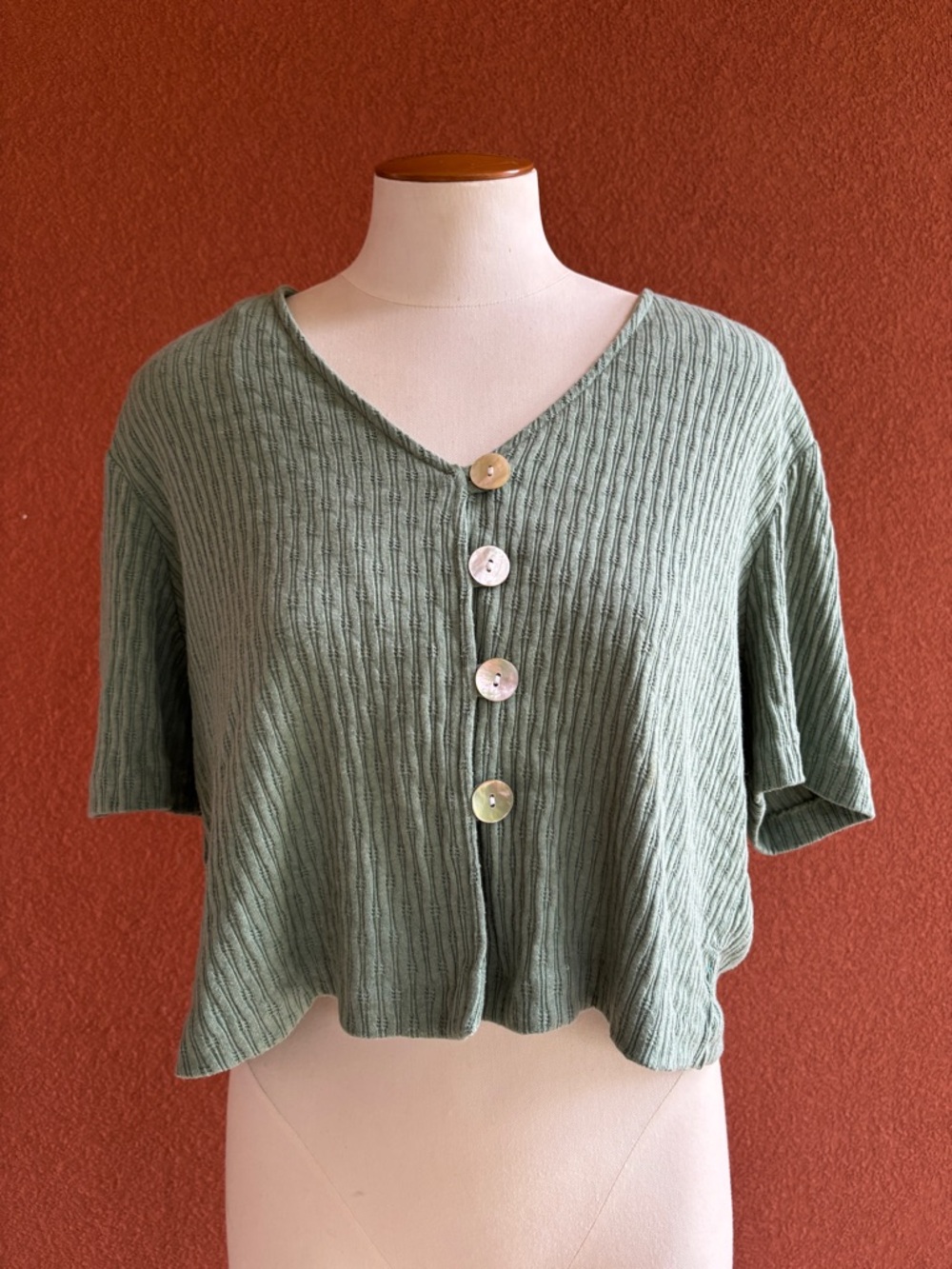 Vintage Sage Green Ribbed Button-Front Crop Top